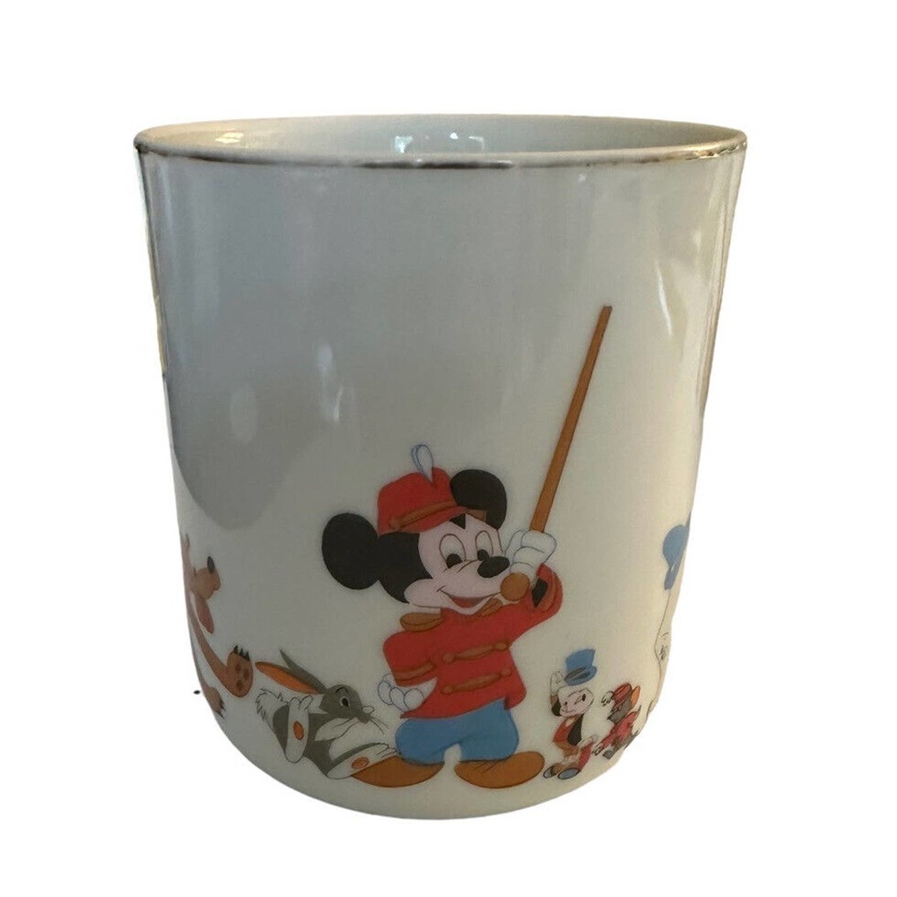 Walt Disney Parks Exclusive Coffee Mug Mickey Goofy Dumbo Gold Rim Ceramic EUC